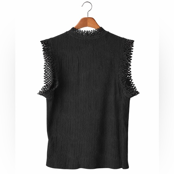 ZARA • Black Ribbed Sleeveless Blouse with Ruffled Collar S-M - Picture 4 of 6